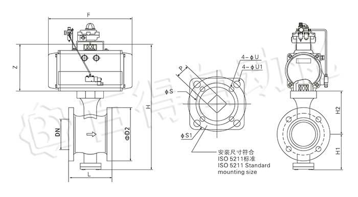 氣動法蘭式V型球閥外形尺寸圖